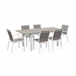 Table de jardin extensible aluminium + 6 assises - Chicago 210 Taupe - Table en aluminium 150/210cm avec rallonge et 6 assises en textilène