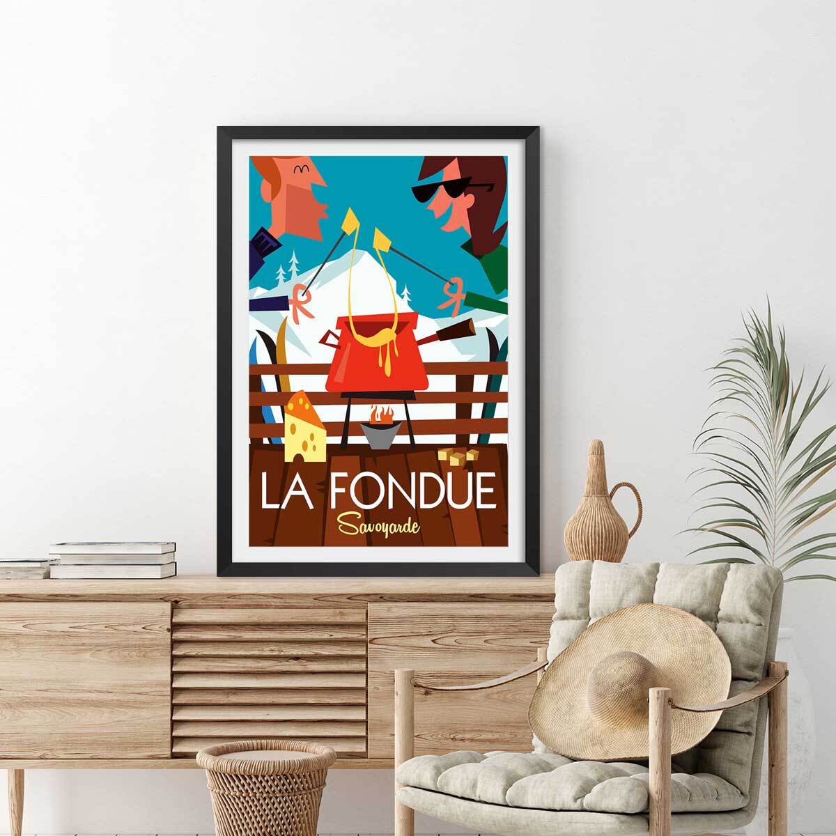 Poster retro la fondue savoyarde Affiche + cadre en bois - Noir