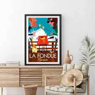 Poster retro la fondue savoyarde Affiche + cadre en bois - Noir