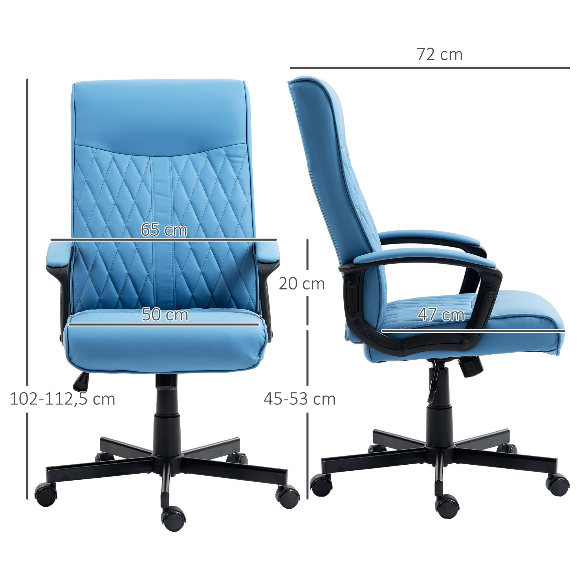 Silla de Oficina Giratoria Silla de Escritorio Basculante Tapizado en PU con Respaldo Alto y Altura Ajustable para Salón Oficina Carga 120 kg 65x72x102-112,5 cm Azul