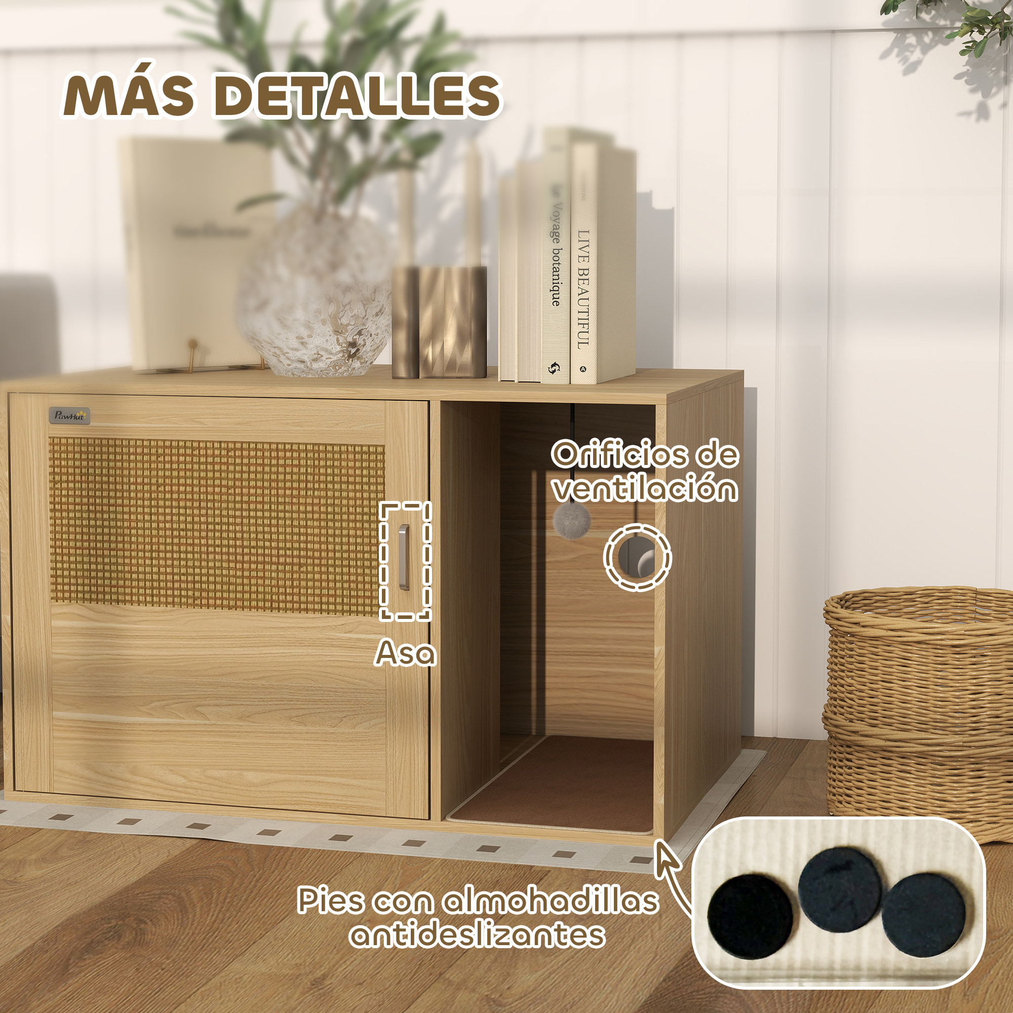Mueble Arenero para Gatos, Caja de Arena para Gatos con Almohadilla para Rascar y Puerta de Ratán, Mesa Auxiliar para Salón, Dormitorio, 80x50x50 cm, Roble