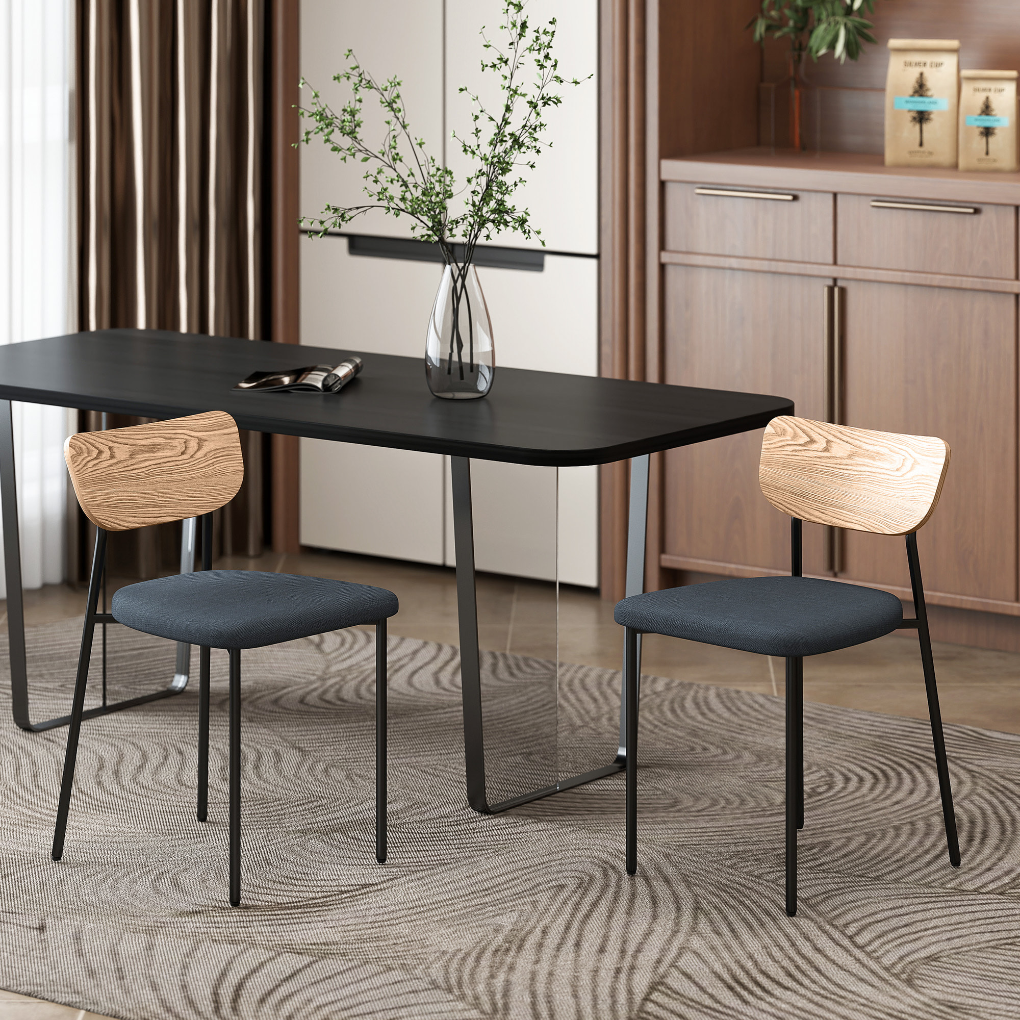 Lot de 2 chaises de salon style néo-rétro assise rembourré tissu gris piètement acier noir dossier effet bois