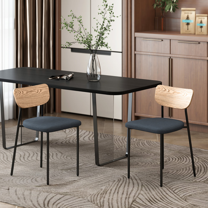 Lot de 2 chaises de salon style néo-rétro assise rembourré tissu gris piètement acier noir dossier effet bois