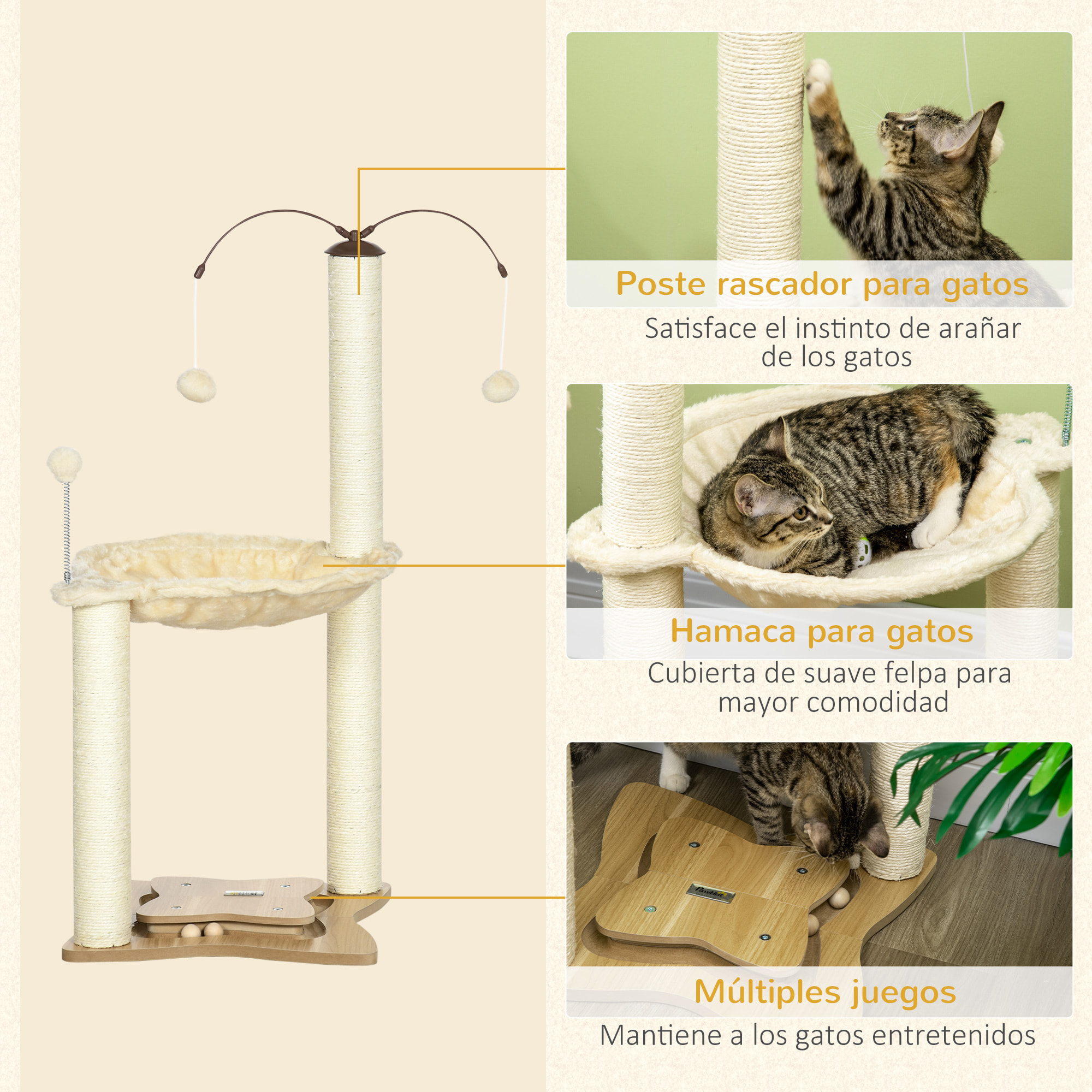 Árbol Rascador para Gatos con Hamaca Postes de Sisal Altura 90 cm Torre para Gatos con Bolas Colgantes Giratorias Bola Divertida y Múltiples Juegos 53,5x53,5x90 cm Beige