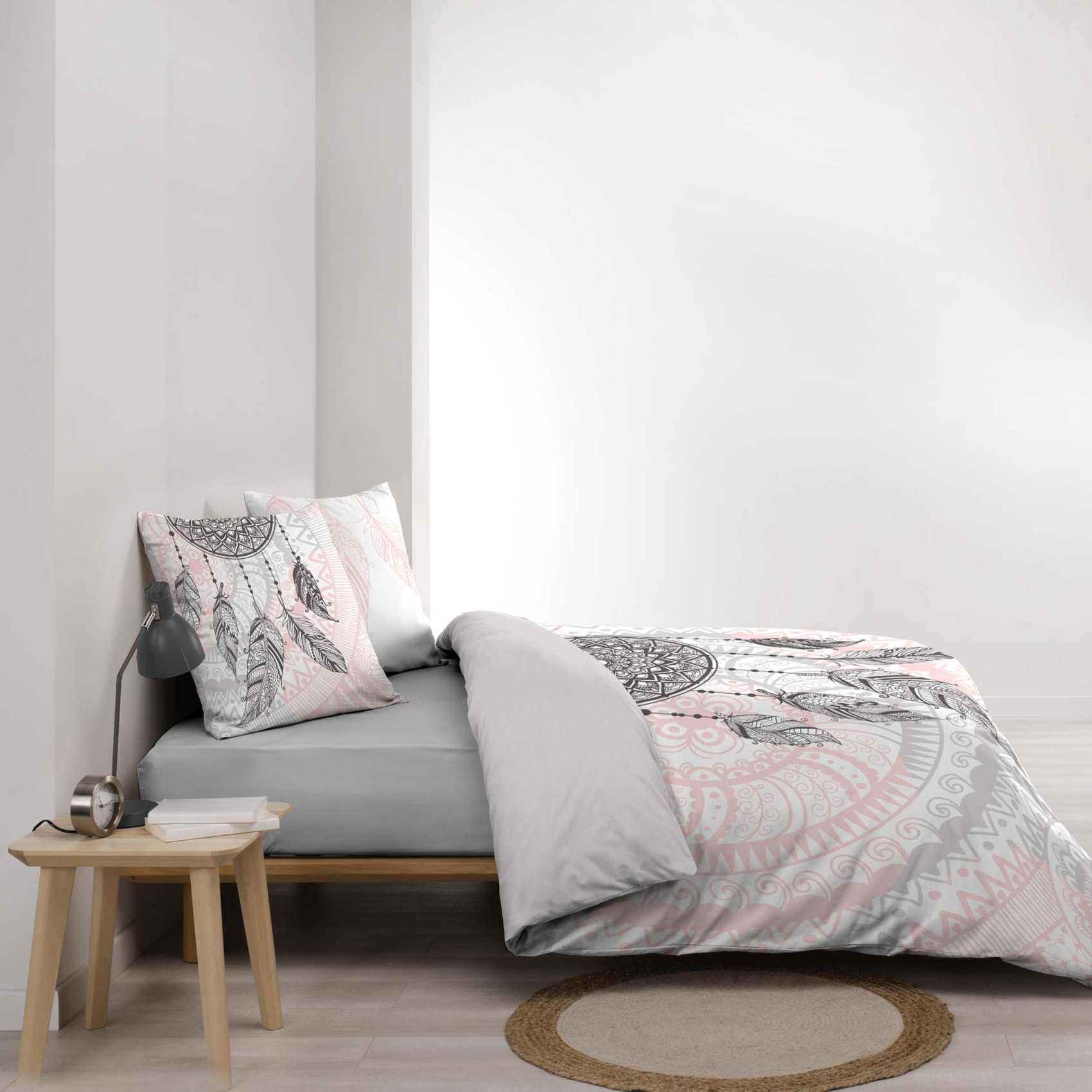 Parure de lit 3 pièces coton motif attrape-rêves housse + taies - Rose