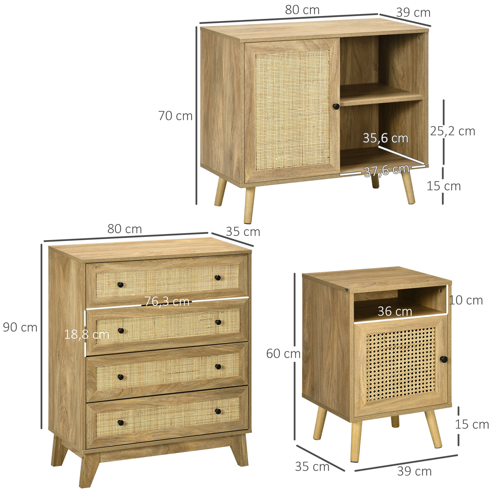 Conjunto para el Hogar Incluye 1 Cómoda con 4 Cajones 1 Aparador y 2 Mesitas de Noche con Puerta de Ratán Sintético Estilo Cannage Natural