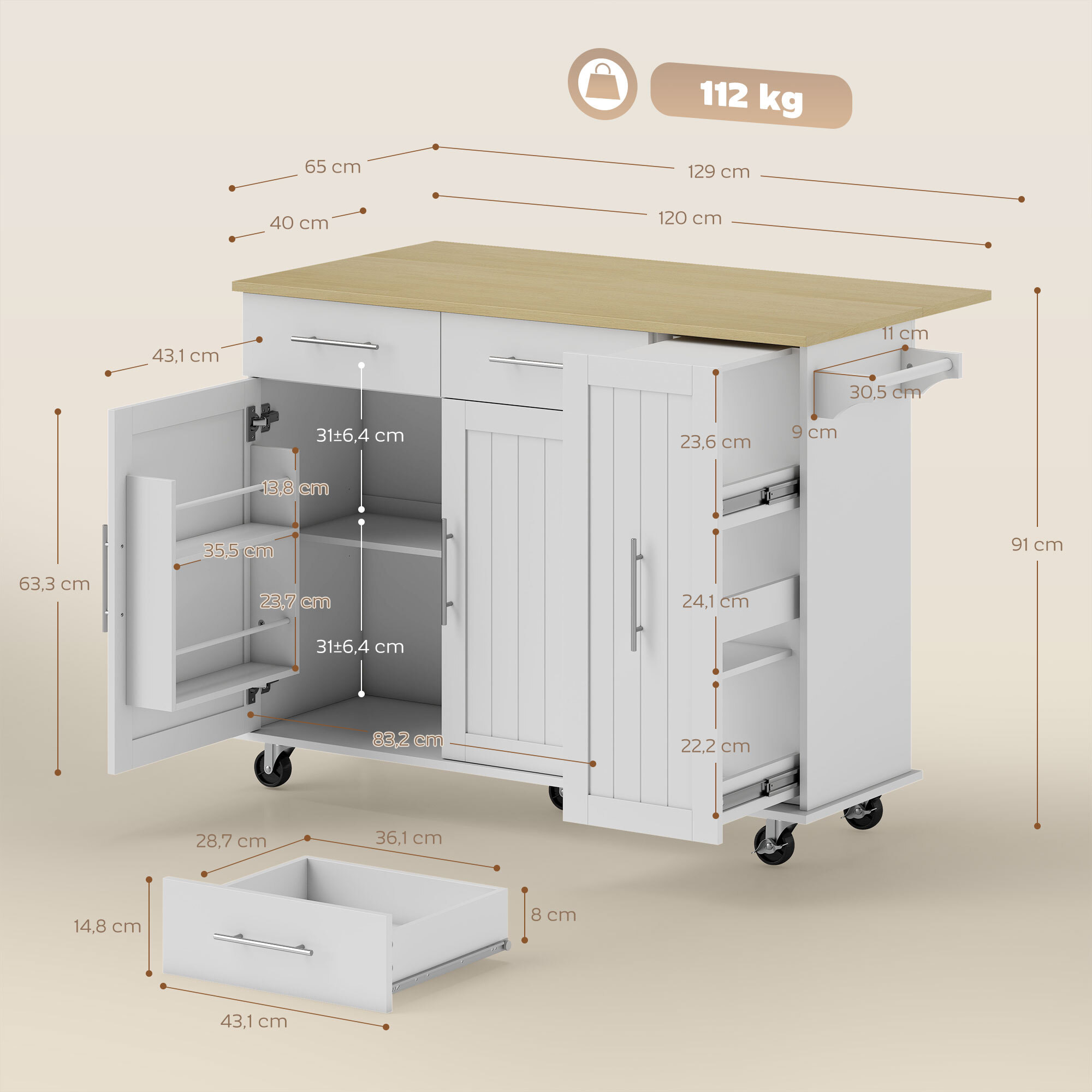 Isla de Cocina con Ruedas, Encimera Plegable, Carro de Cocina con 2 Puertas con Cierre Suave, Bandeja Extraíble de 3 Niveles, 2 Cajones, Barra para Colgar, Blanco