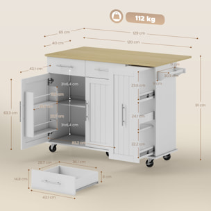 Isla de Cocina con Ruedas, Encimera Plegable, Carro de Cocina con 2 Puertas con Cierre Suave, Bandeja Extraíble de 3 Niveles, 2 Cajones, Barra para Colgar, Blanco
