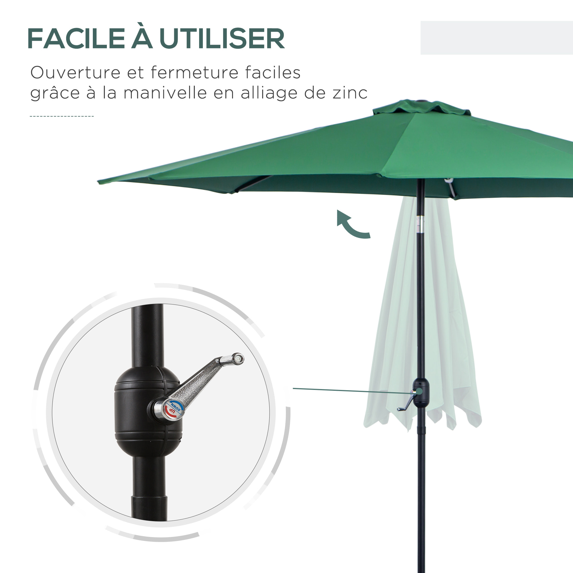 Parasol en métal rond polyester 180g/m² manivelle inclinable Ø 3 x 2,45 m vert