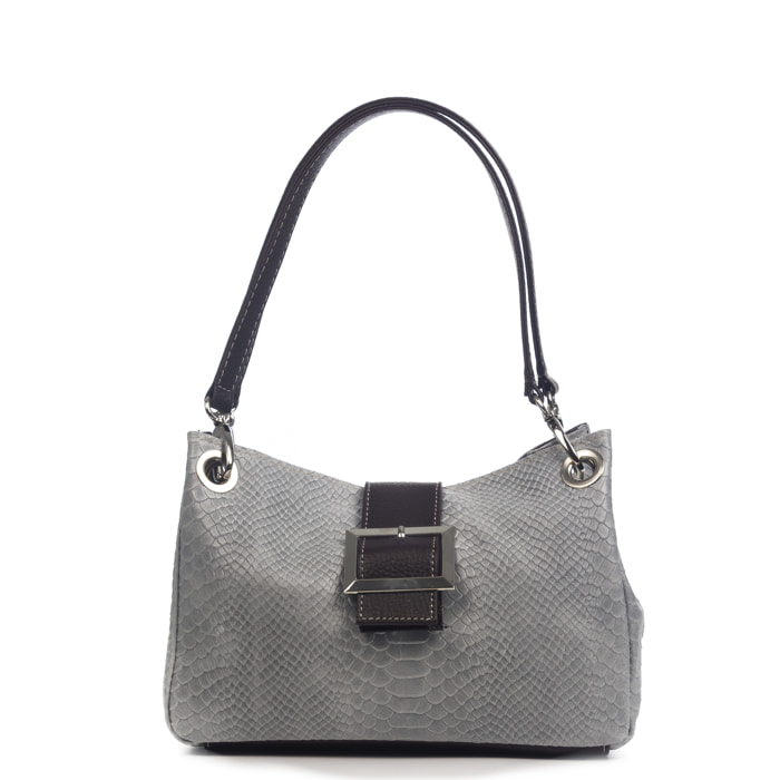 FIRENZE ARTEGIANI Anzio Borsa a Spalla da Donna. Vera Pelle Scamosciata Incisione Serpente Made in Italy 28x12x17 Cm. Grigio