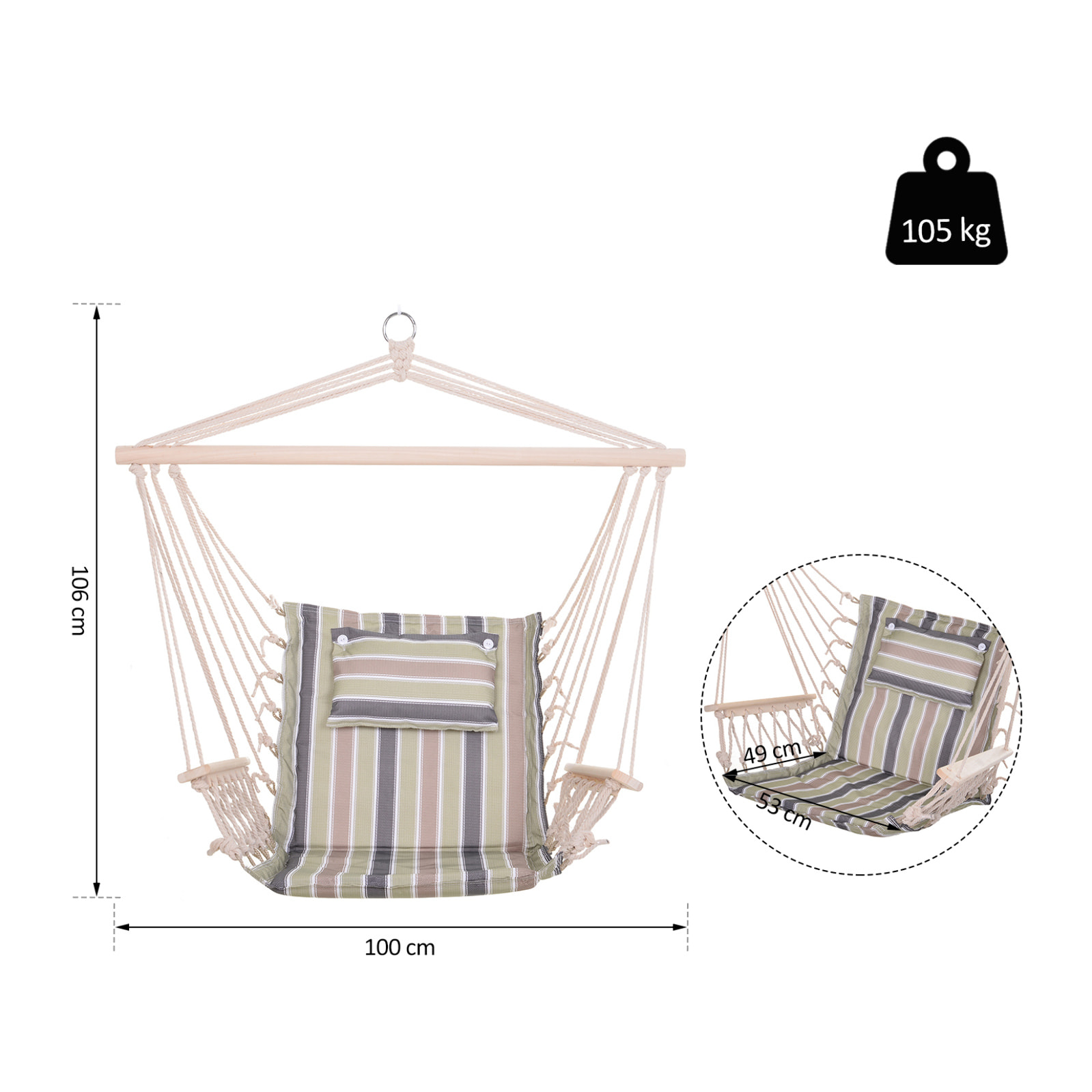 Silla Colgante para Exterior Interior de Rayas 100x106cm Carga Má¡x. 105 kg