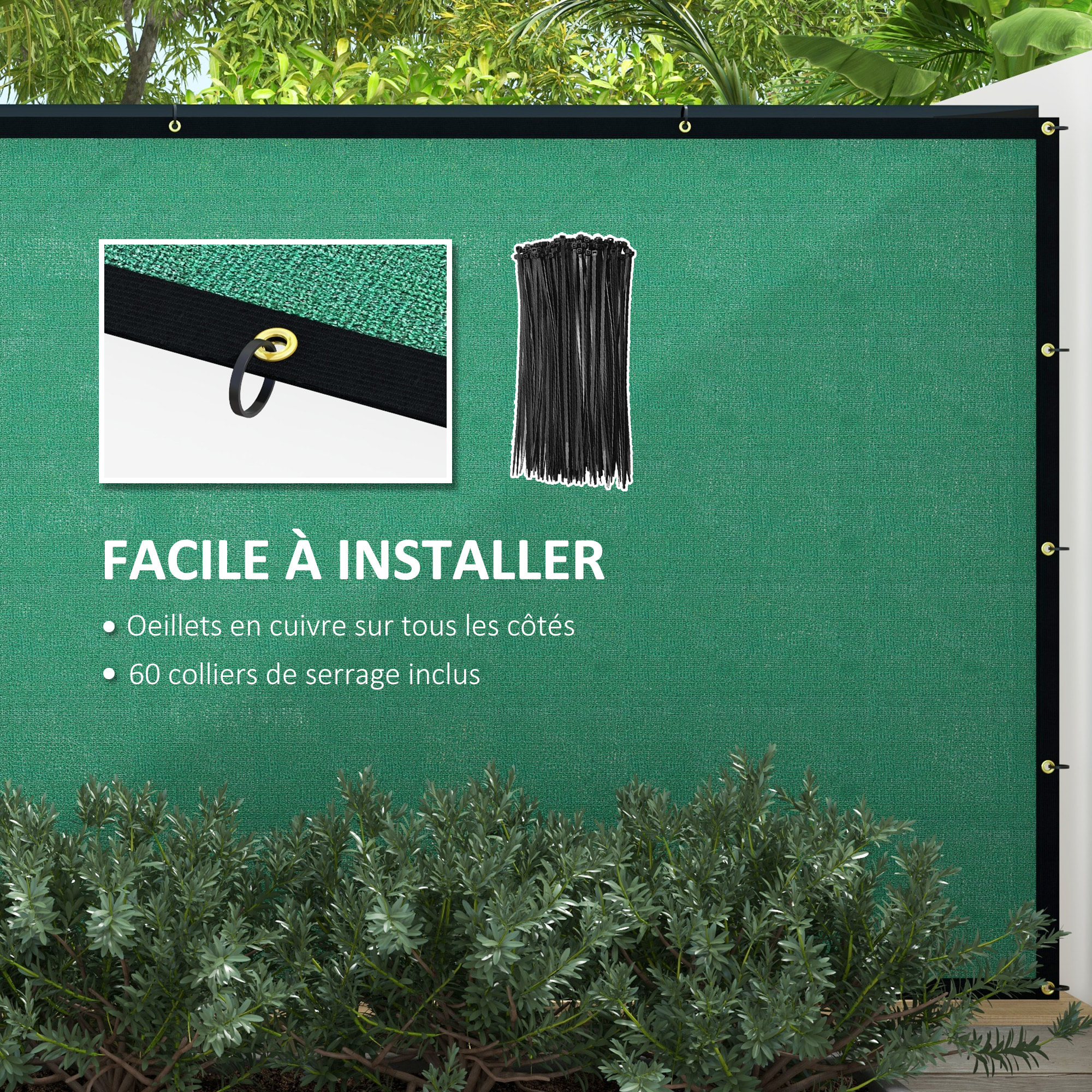 Brise-vue toile 160 g/m² renforcée avec attaches et œillets dim. 15,25L x 1,75H m