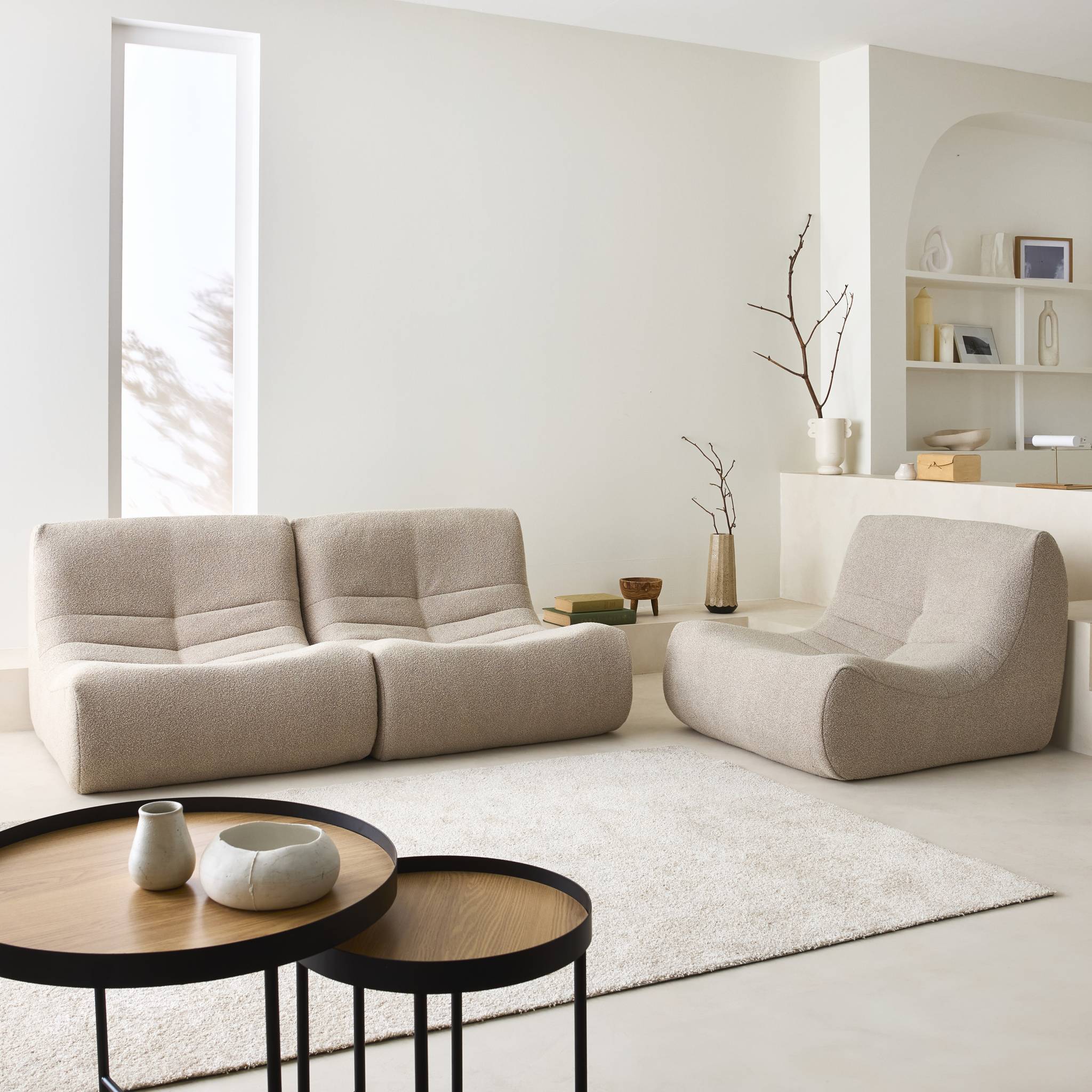 Lot de 3 fauteuils chauffeuses en bouclette texturée beige style contemporain 1 place