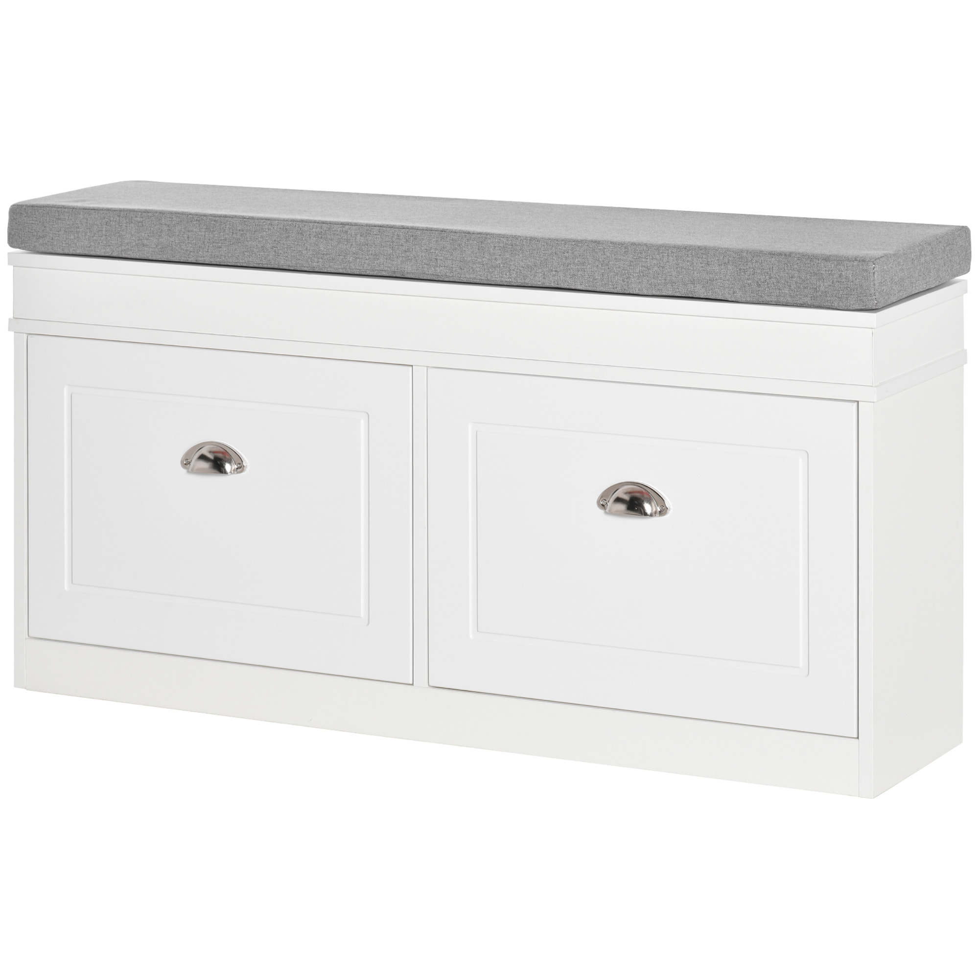 HOMCOM Banco Zapatero Banco de Almacenamiento para 8 Pares de Zapatos con 2 Cajones Estantes Ajustables y Cojín Acolchado para Entrada Pasillo 104x24x55 cm Blanco