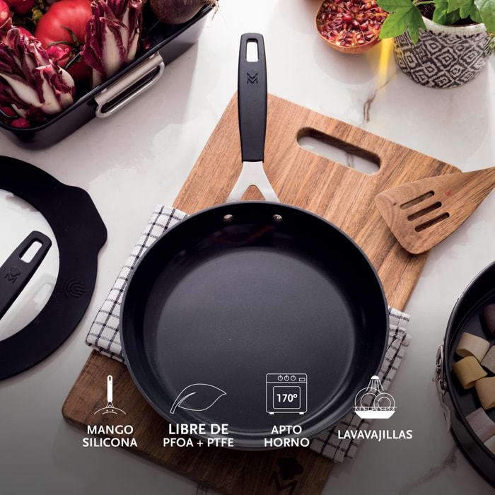 Juego de 3 sartenes ø20ø24ø28cm y plancha grill 32x23cm + 4 protectores en aluminio forjado antiadherentes masterpro