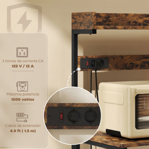 Estantería de Cocina con 2 Tomacorrientes, Estantería de Panadería Industrial con Estación de Café, Estante para Microondas, Estante Ajustable, Ganchos, 60x42x137 cm, Marrón Rústico y Negro