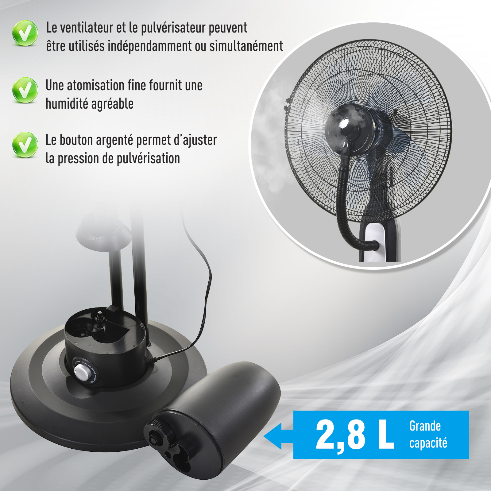 Ventilateur brumisateur sur roulettes - oscillant silencieux 90 W - 4 vitesses - dim. Ø 44 x 120H cm noir gris