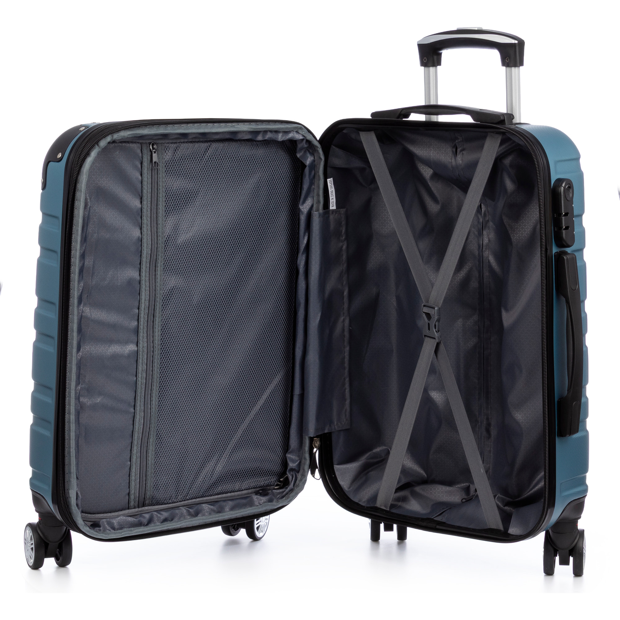 Set di 3 valigie Trolley espandibili, in materiale leggero ABS ad alta resistenza. Serratura numerica, 4 ruote doppie girevoli a 360°.