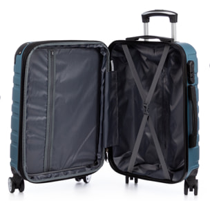 Set di 3 valigie Trolley espandibili, in materiale leggero ABS ad alta resistenza. Serratura numerica, 4 ruote doppie girevoli a 360°.