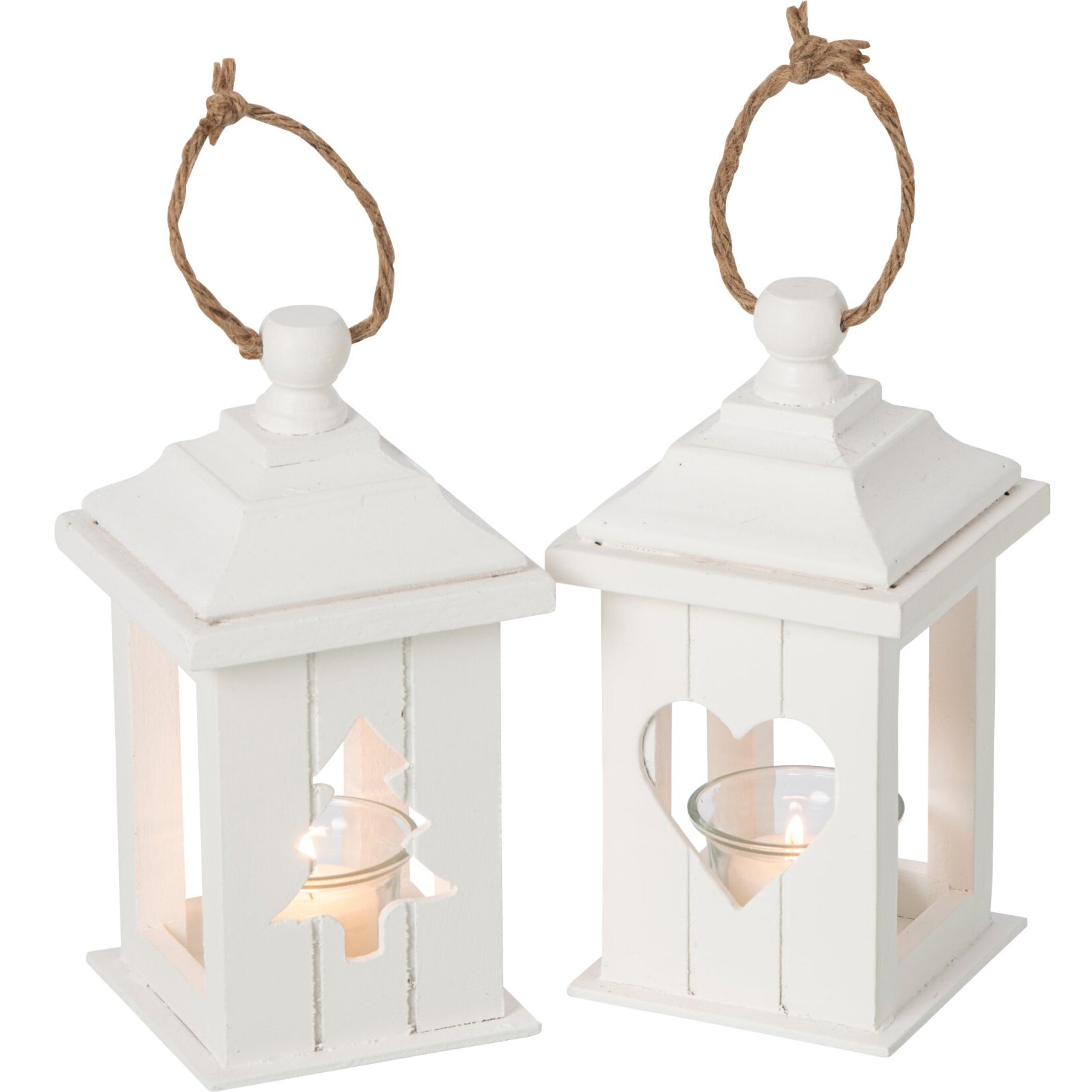 J-Line Lanterne - bois de sapin - blanc - assortiment de 2