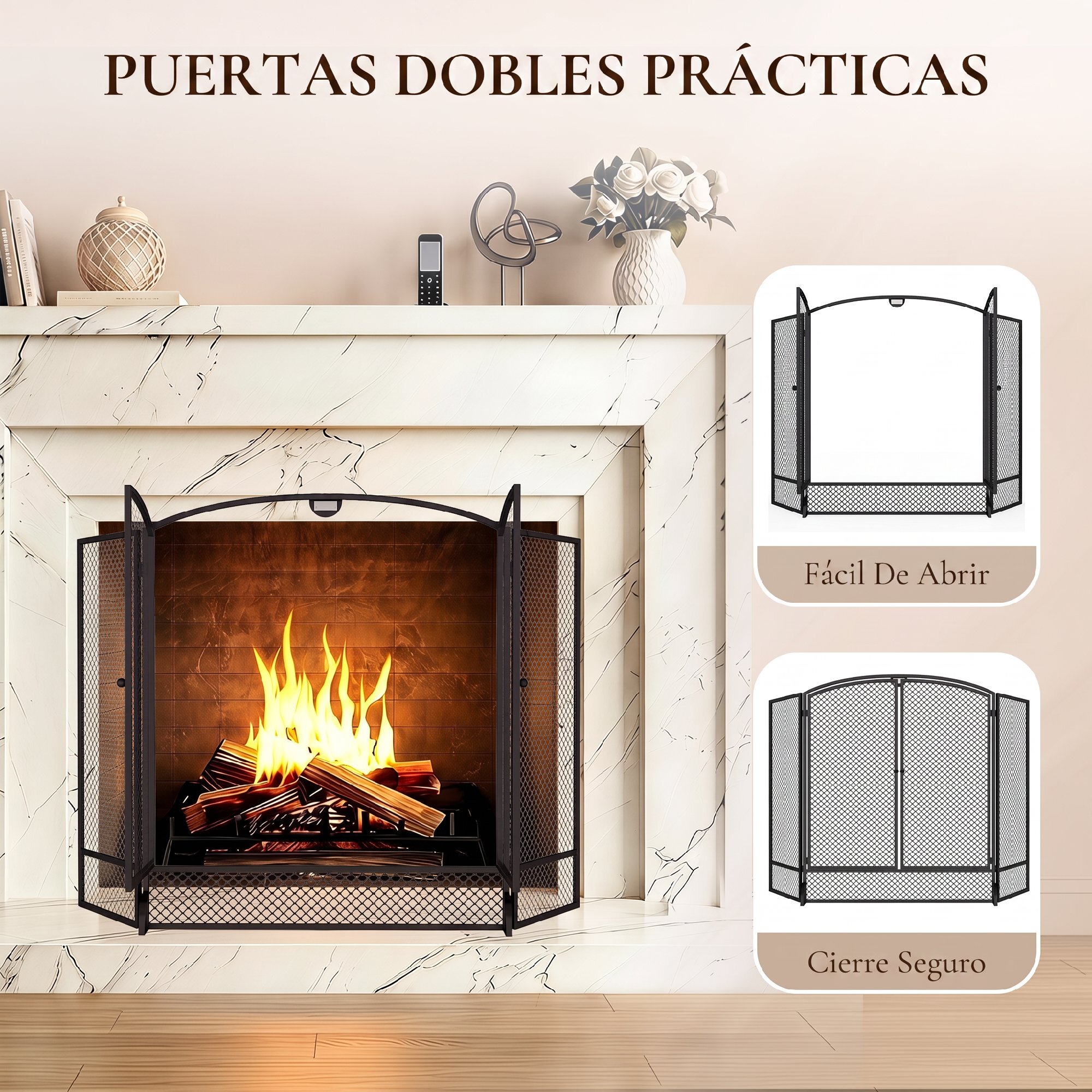 Salvachispas para Chimenea Plegable de 3 Paneles con Doble Puerta, Protector de Chimenea de Metal, Resistente al Calor, para Salón, Hogar, 122x75 cm, Negro