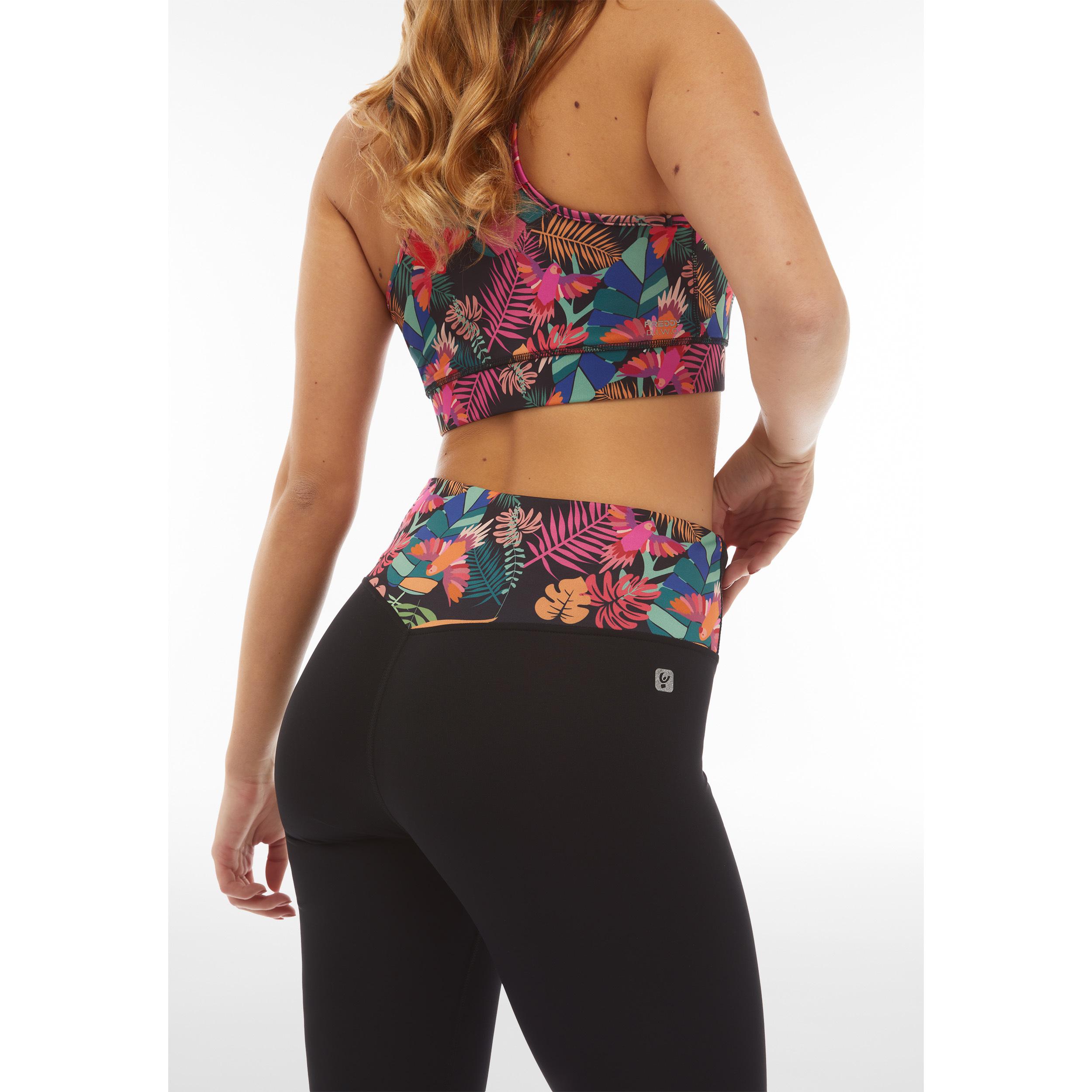 Leggings corsaro vita alta con inserti stampa tropicale