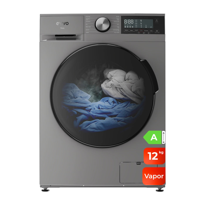 EVVO Lavadora 12 kg carga frontal Nova 12, 1350 rpm, Clase energética A, Motor Inverter, tambor diamante ePROTECT, 14 programas, Función vapor Steam Wash, Smart LOAD, Lavado Rápido 15', Inicio diferido, Inox
