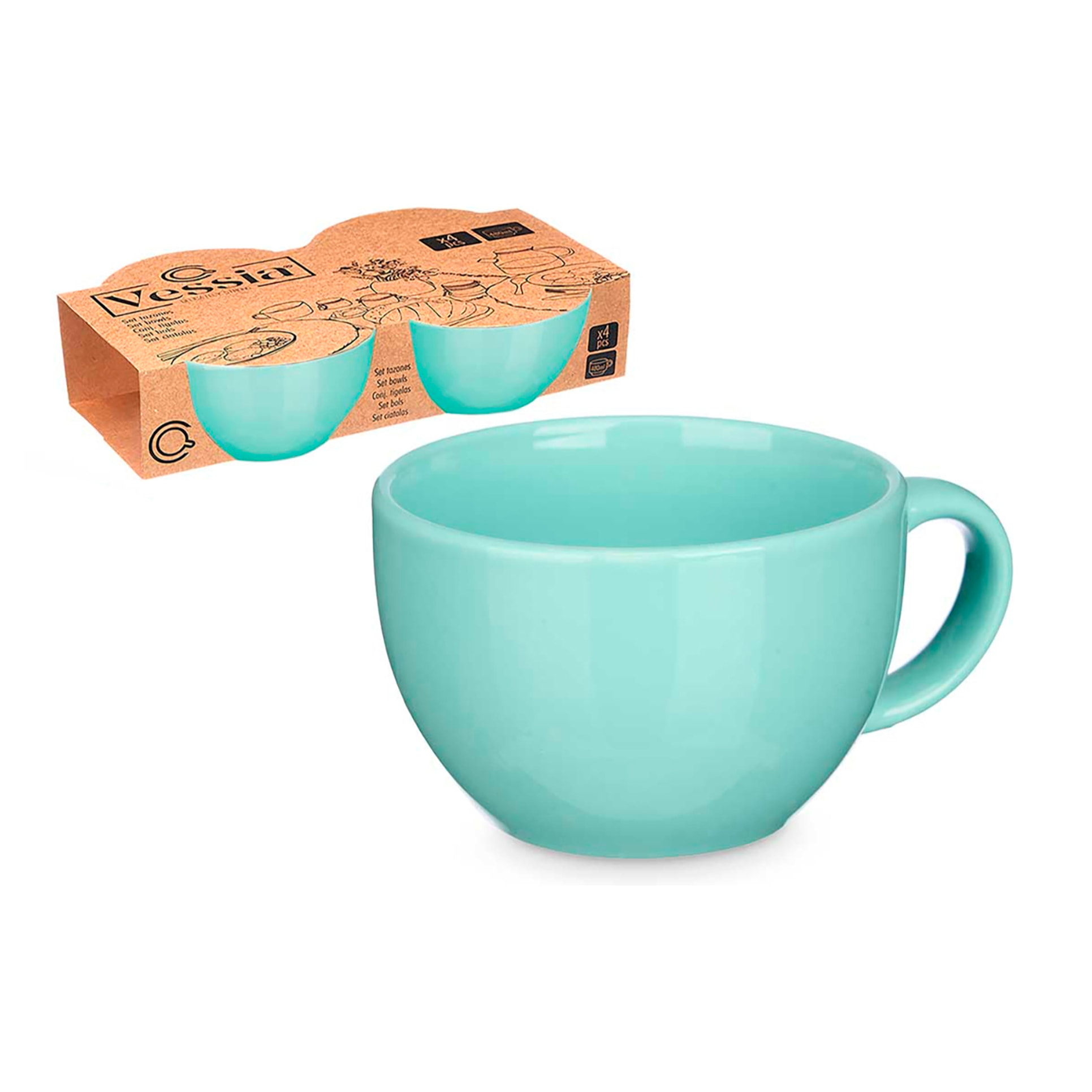 Set de 4 tazones verde menta de porcelana. 480 ml de capacidad.