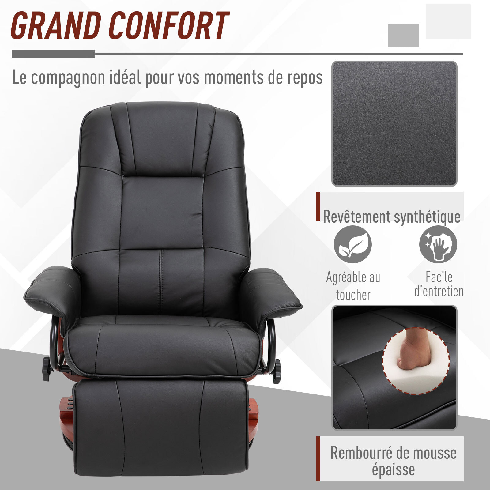 Fauteuil relax inclinable repose-pieds réglable pivotant 360° piètement bois revêtement PU noir