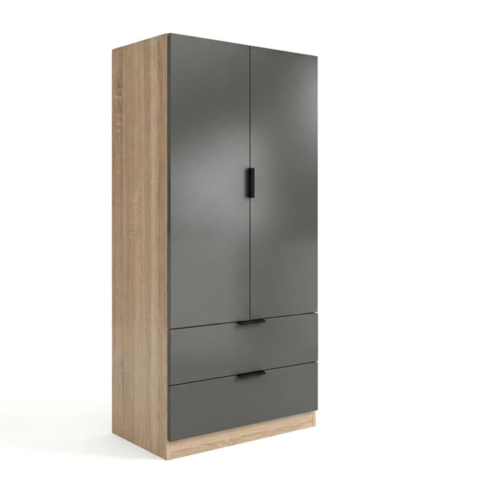 Armario de 2 puertas y 2 cajones en roble canadian y gris grafito 81,5x180 cm Lark Roble Canadian - Gris Grafito