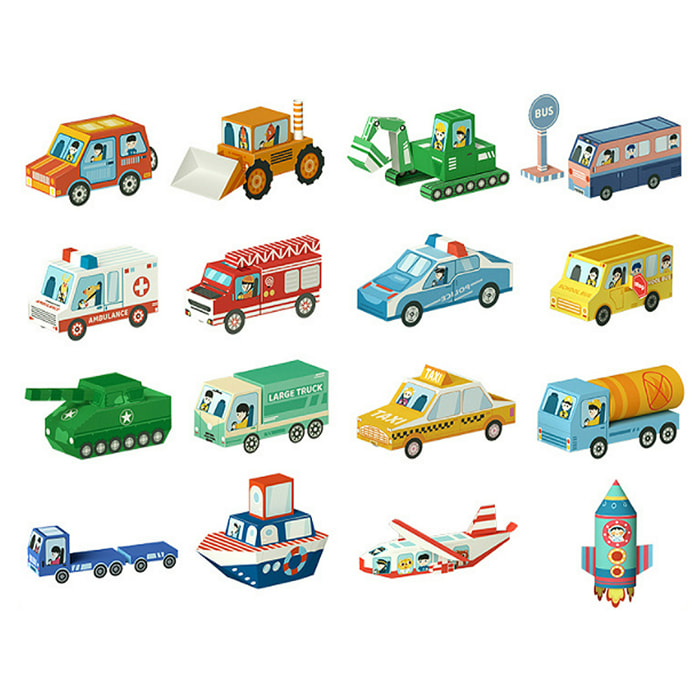 Kit manualidades 3D papel origami. Figuras de coches.