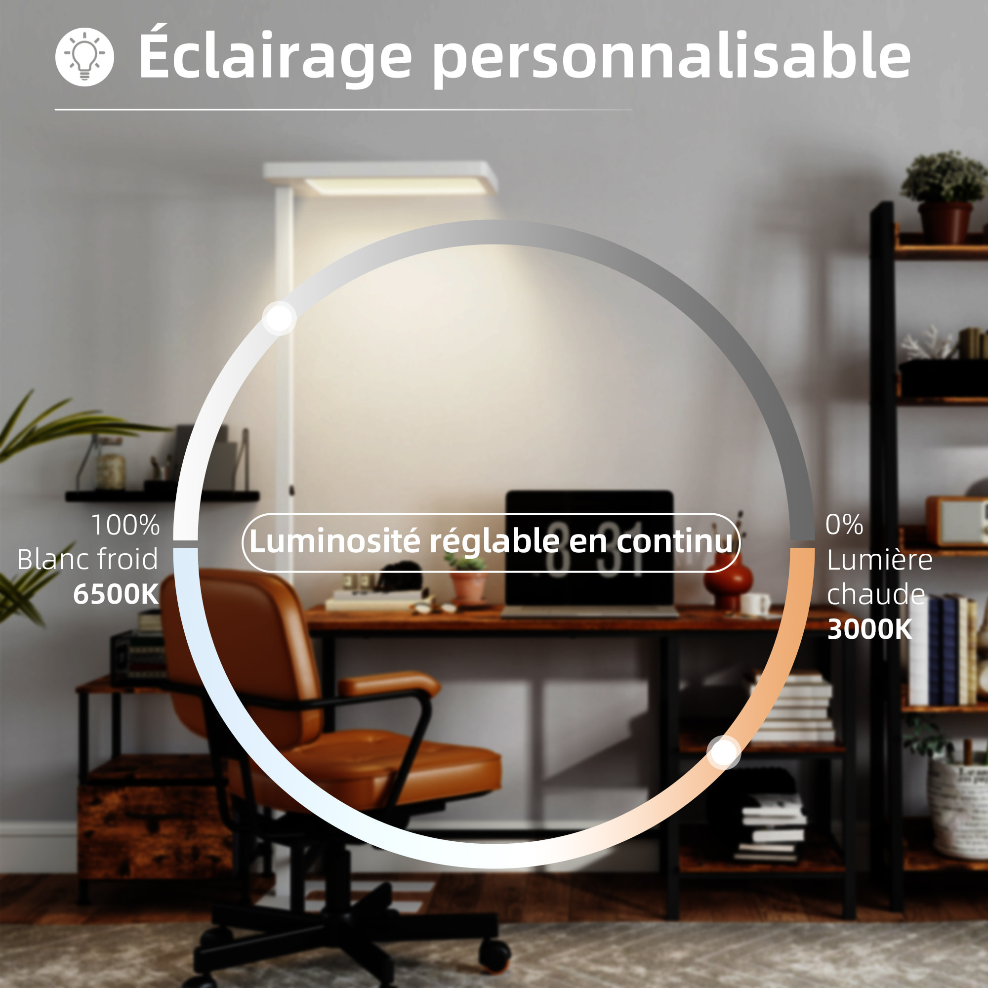 Lampadaire LED dimmable sur pied de bureau 1560LM 40W H.196cm spectre complet réglable télécommande blanc