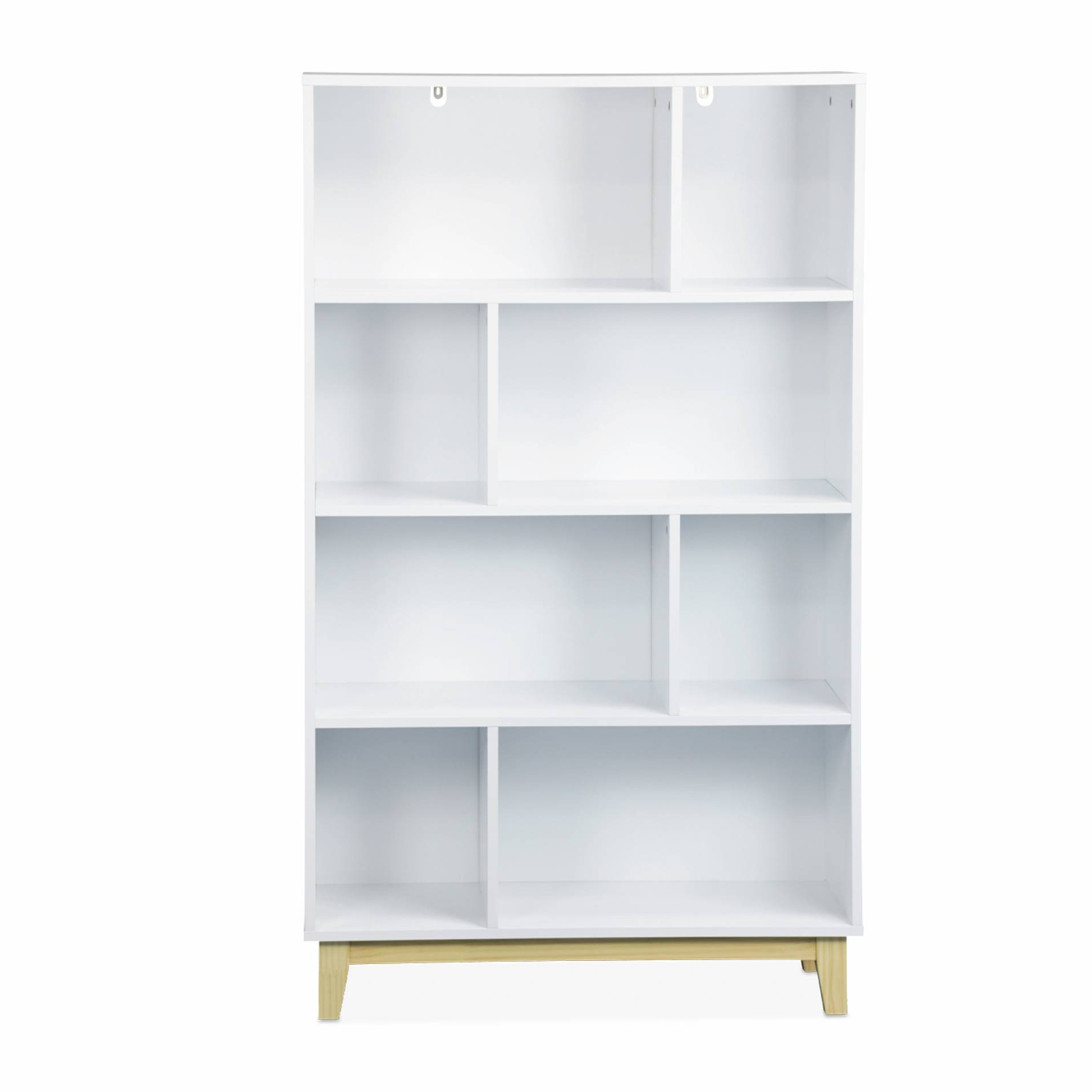Bibliothèque scandinave blanche. étagère asymétrique - Floki - pieds en bois de sapin. 4 étagères. 8 compartiments. 80x30x138cm