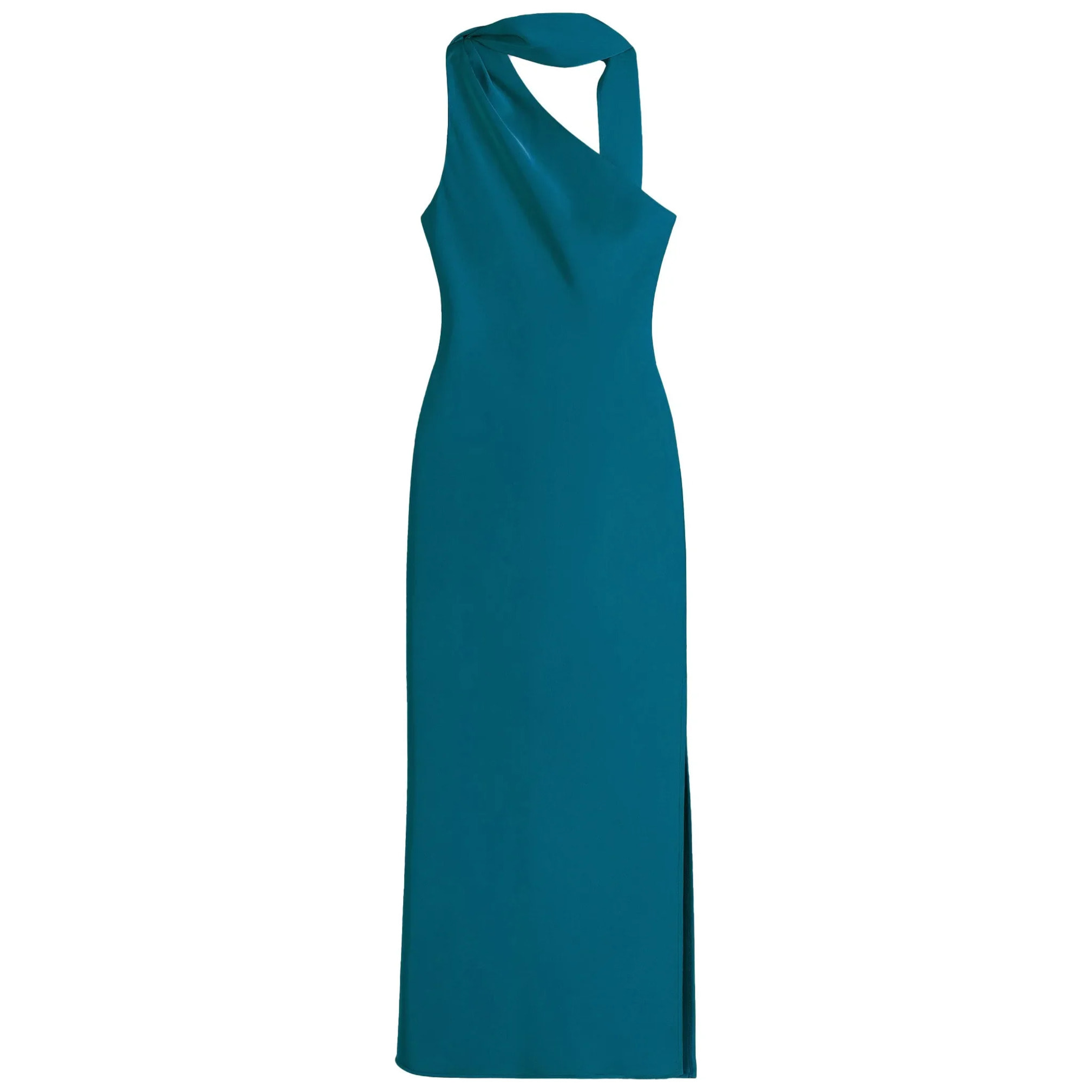 Vestido midi satinado con escote asimétrico y lazada