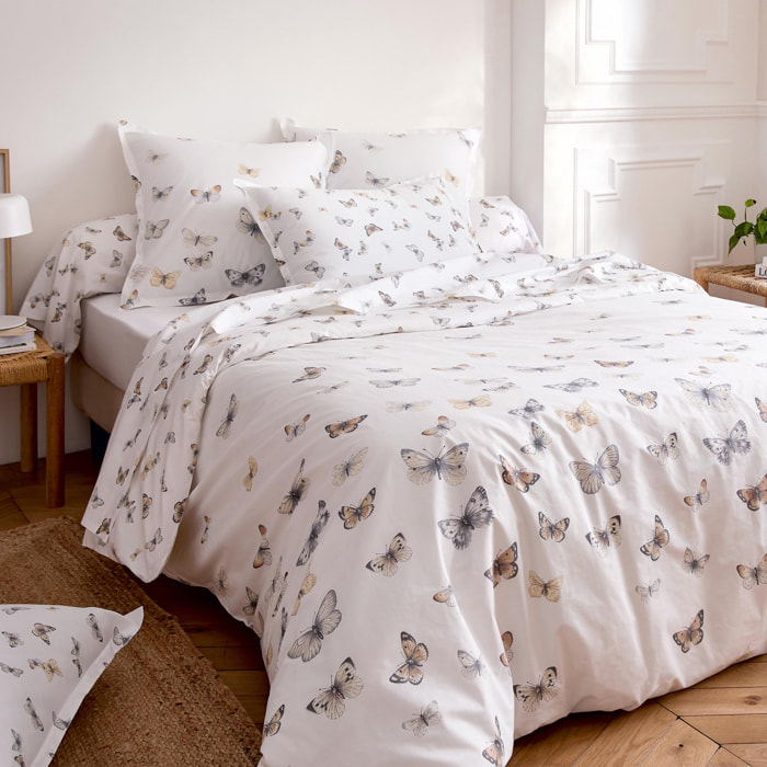 Taie d’oreiller percale de coton 80 fils motif papillons - Blanc