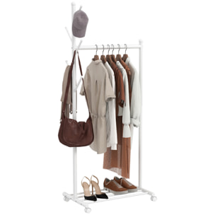 Burro Ropa con Ruedas, Perchero Burro Ropa con 5 Ganchos Barra para Colgar y Balda Inferior Perchero para Recibidor, Entrada, Dormitorio, 68x43x171 cm, Blanco