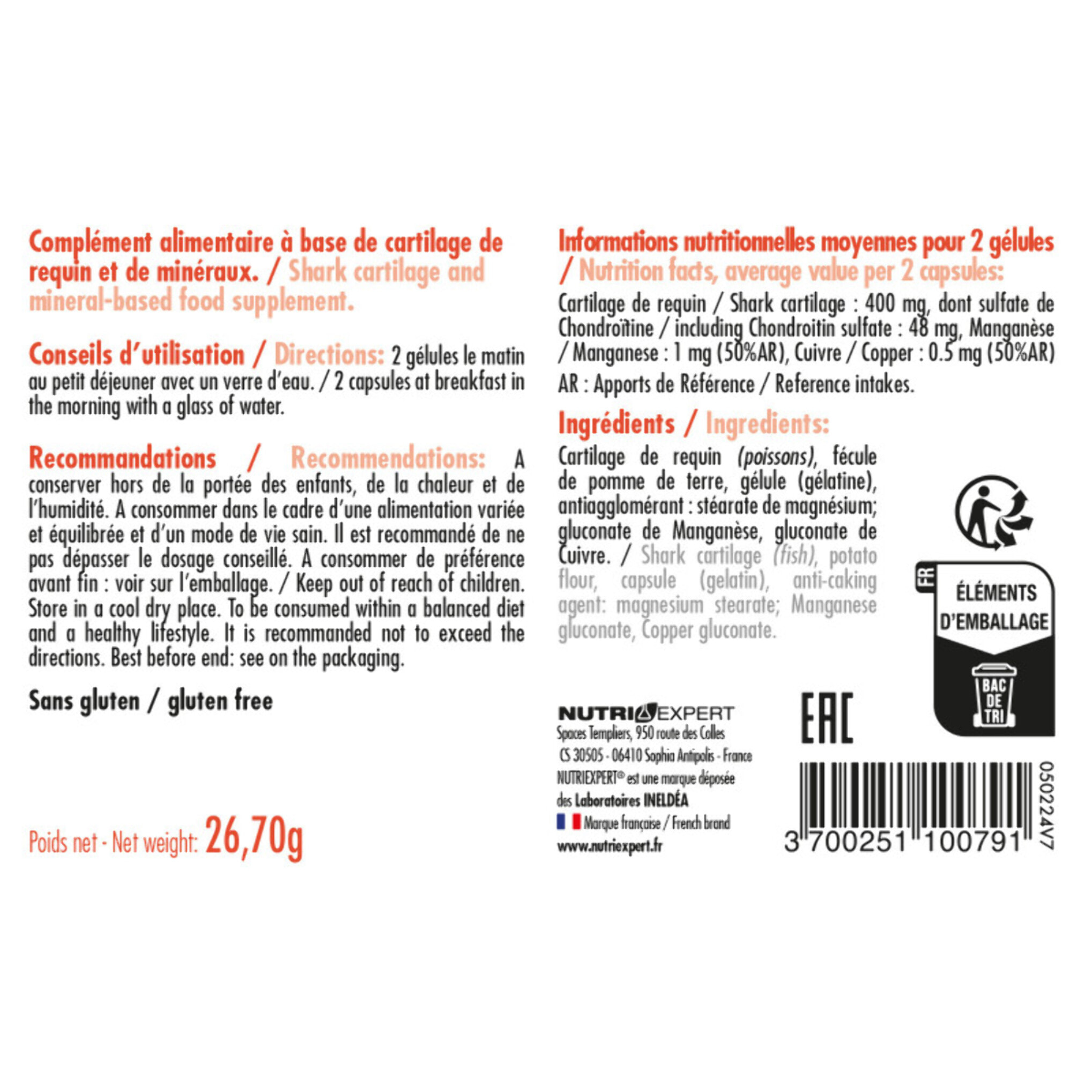 NUTRI EXPERT - Cartilage de requin - Renforce les cartilages et les tendons - Préserve la santé des articulations - Chondroïtine + Cuivre + Manganèse - 60 gélules végétales
