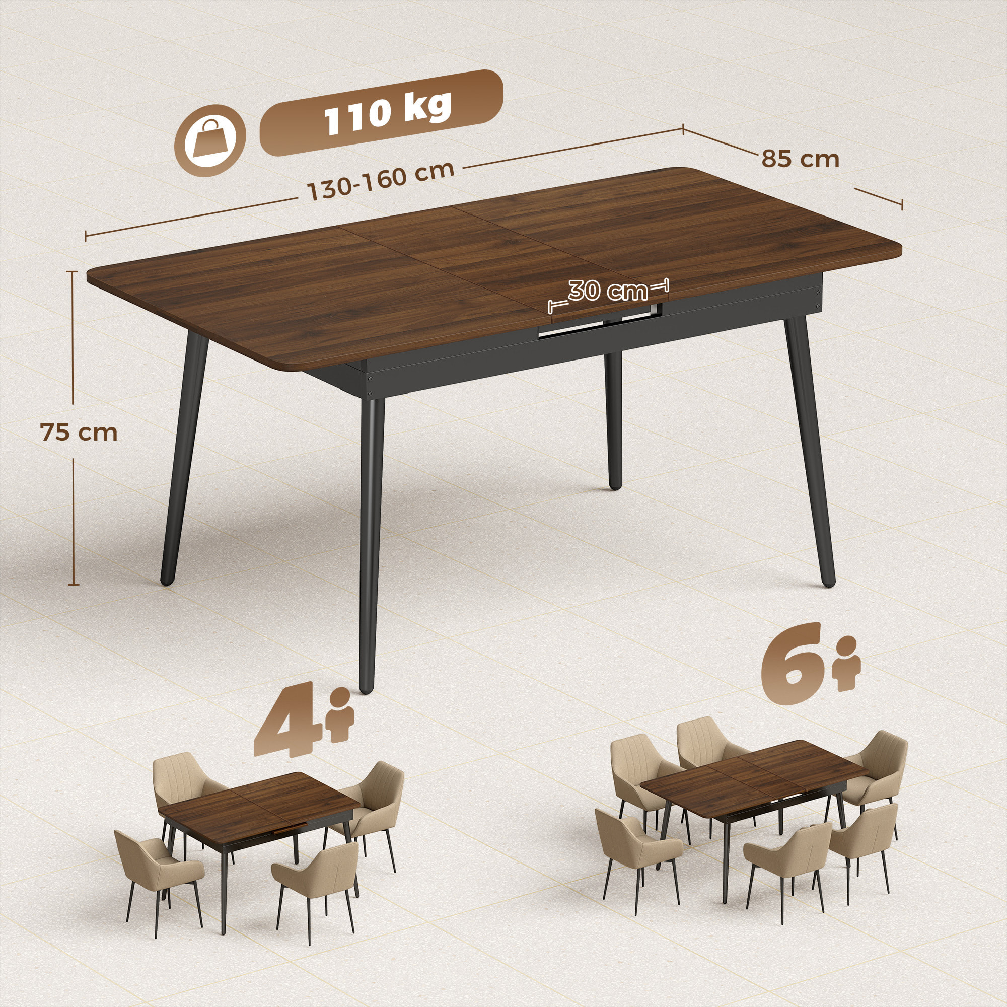 HOMCOM Mesa de Comedor Extensible, Mesa de Cocina Rectangular para 4-6 Personas, Estilo Industrial, Esquinas Redondeadas, 130-160x85x75 cm, Nogal Claro