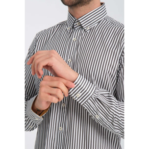 camicia uomo 1 bottone button down slim Popeline Stretch Riga Media Bianco e Grigio Scuro