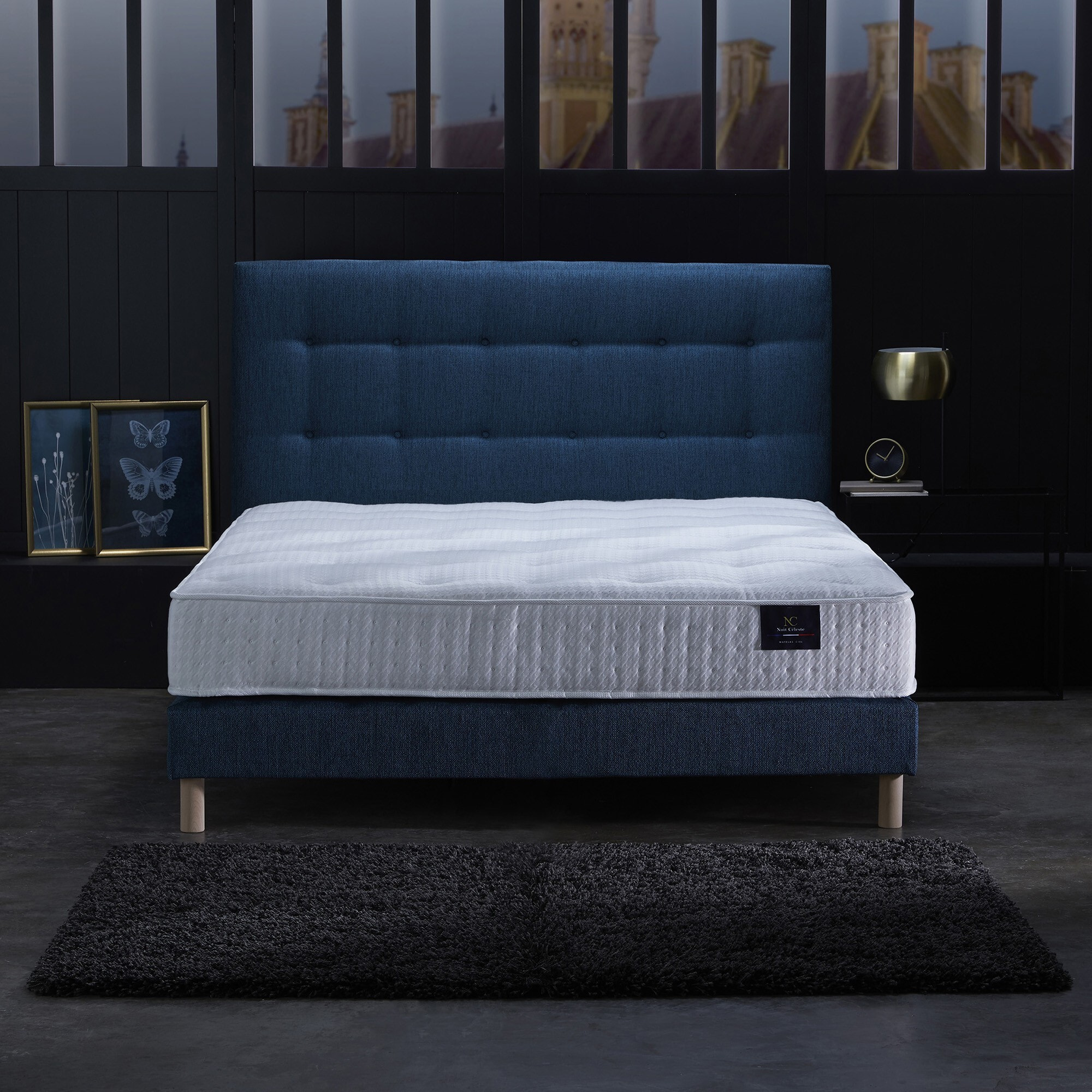 Sommier confort CRÉPUSCULE, durable avec tête de lit capitonnée - bleu marine