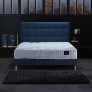 Sommier confort CRÉPUSCULE, durable avec tête de lit capitonnée - bleu marine