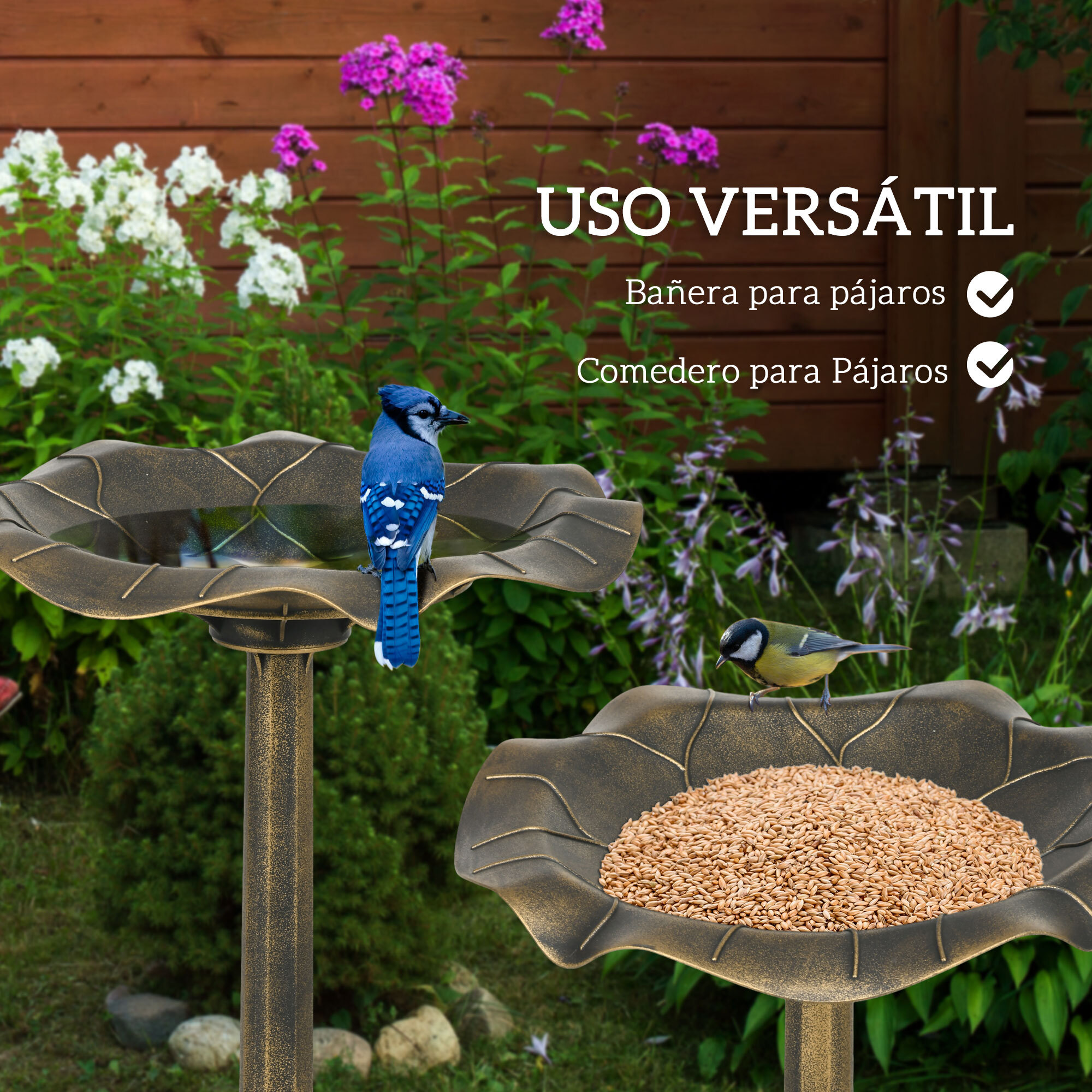 Baño para Pájaros de Jardín al Aire Libre, Altura 71 cm, Comedero para Pájaros con Lavabo Diseño Hoja de Loto y Acabado Envejecido, Ligero y Resistente, Bebedero para Aves, Bronce