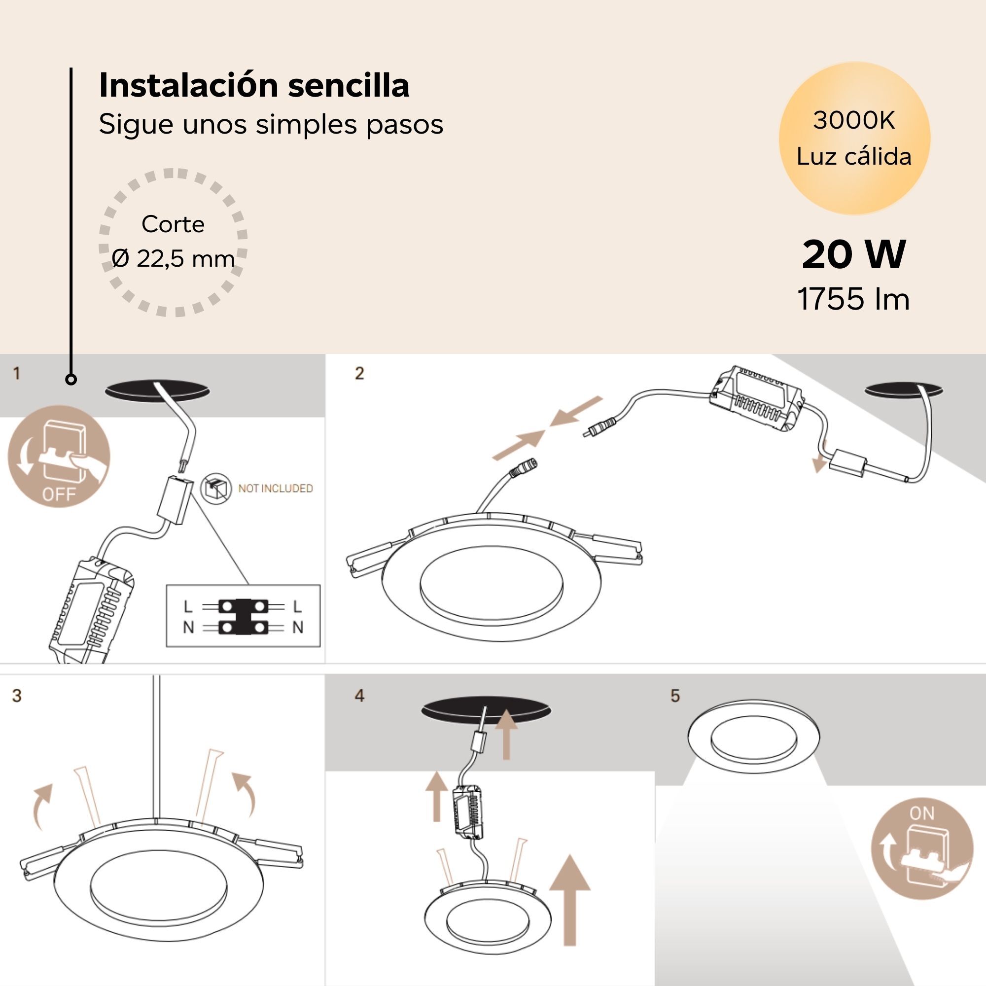 Easy Circular - 5 Downlights con LED integrado 3000K para iluminar hacia abajo ON/OFF ø22,5cm Color Gris