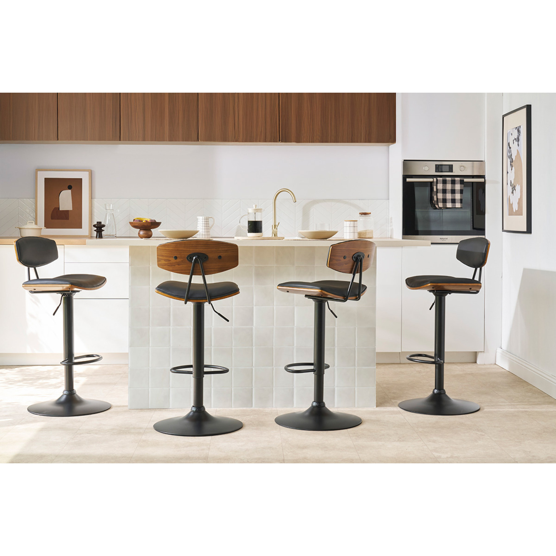 Tabouret de bar design réglable blanc et bois clair VASCO