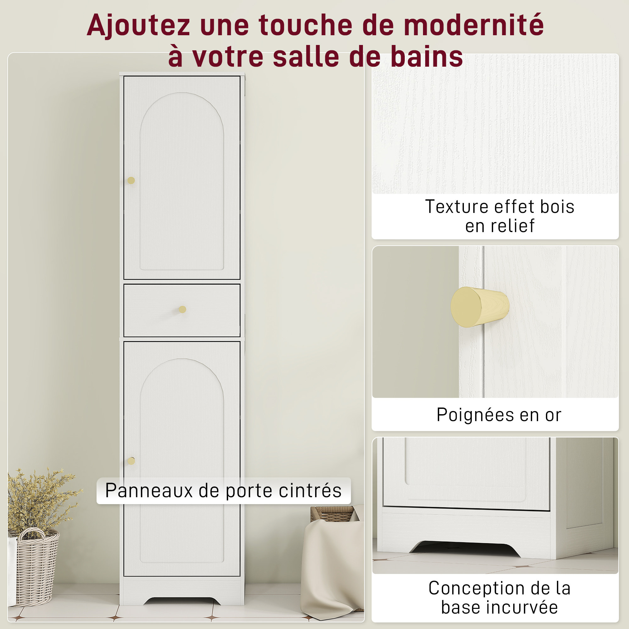 Colonne salle de bain design - 2 portes, 3 étagères, tiroir - dim. 40 x 29,5 x 170 cm - blanc doré