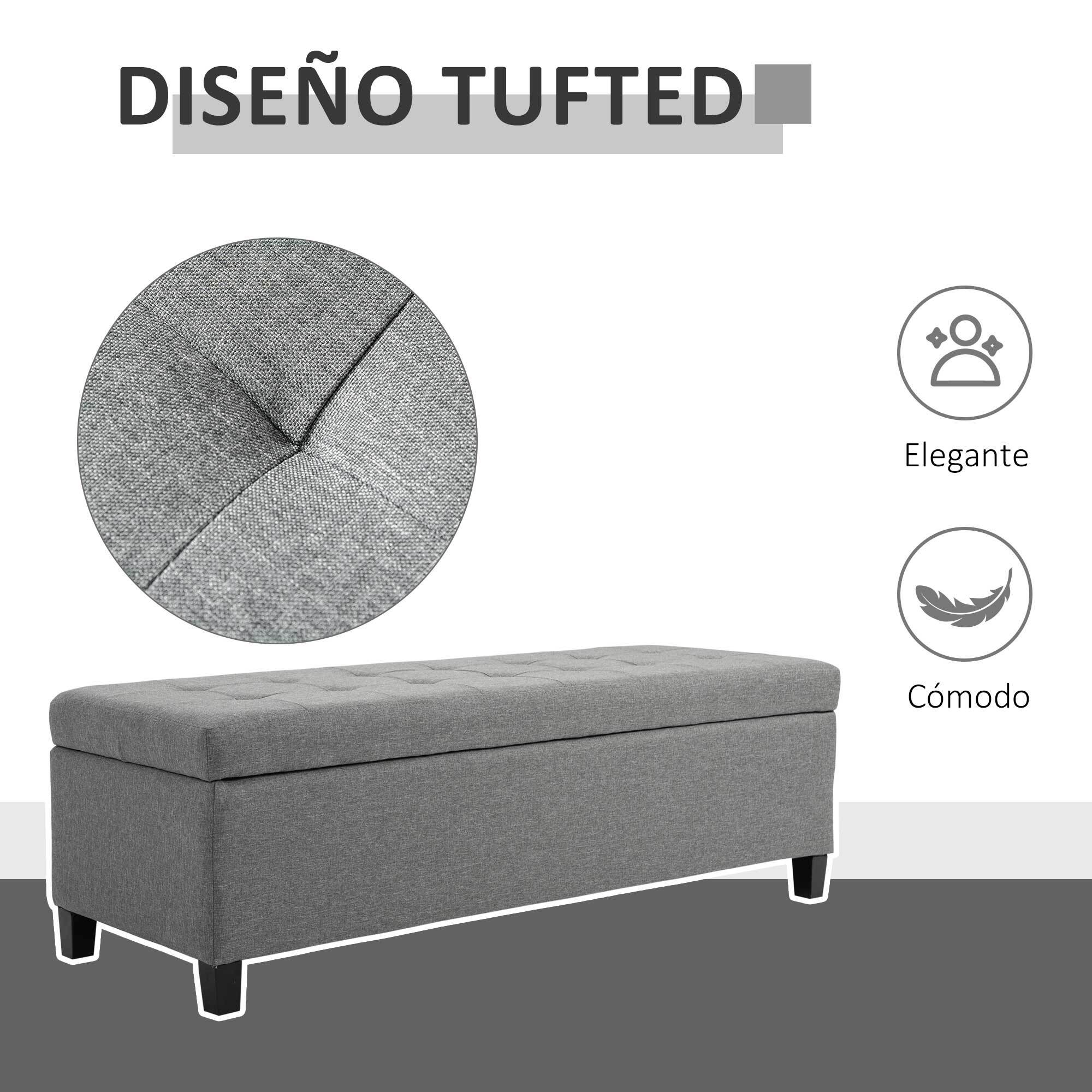 Banco de Almacenamiento Acolchado Puff de Almacenaje Taburete Tapizado en Lino con Tapa Abatible para Salón Entrada Dormitorio Carga 120 kg 125x49x41,5 cm Gris