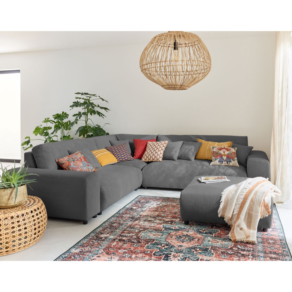Garance - canapé modulable d'angle gauche - 5 places - en velours côtelé - Gris foncé