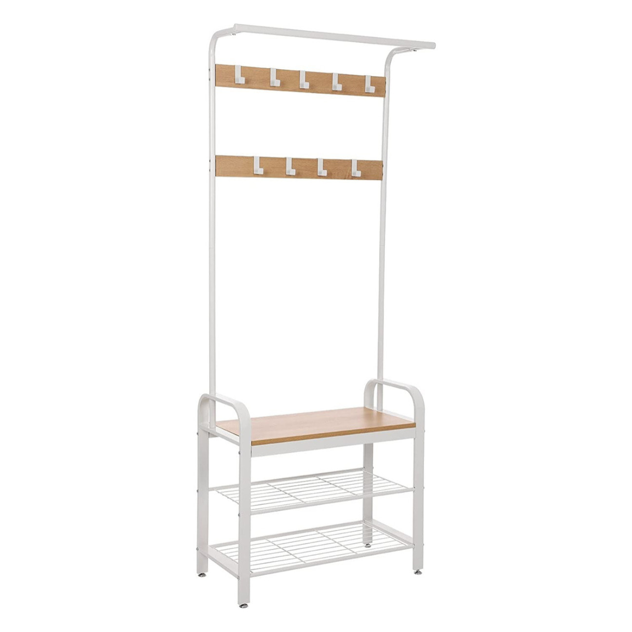 Appendiabiti con Panca e Scarpiera in Metallo Bianco e Legno