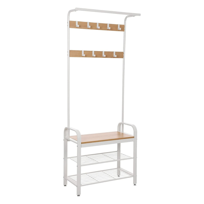 Appendiabiti con Panca e Scarpiera in Metallo Bianco e Legno