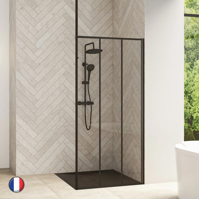 Kinedo Paroi de douche 90 cm verre profilés noirs bandes verticales noires avec mât Smart Design Solo Factory